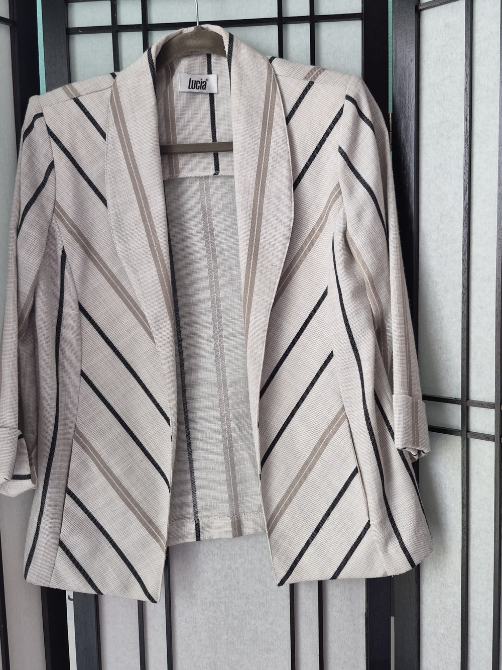 Lucia Beige Striped Open Front Blazer